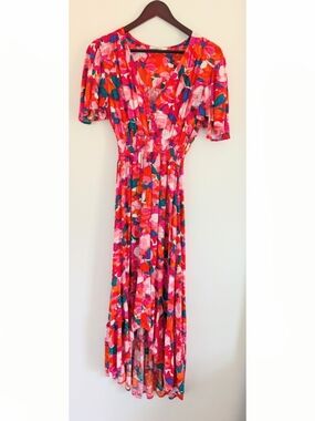 Abel The Label Bright Colorful Floral Vneck Hi Low Maxi Dress Size Small